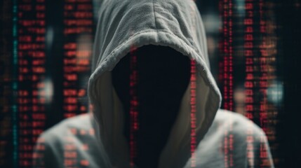 an individual donned in a hoodie and face mask, standing amidst digital displays that mimic binary code, creating an atmosphere of modern cybersecurity or surveillance
