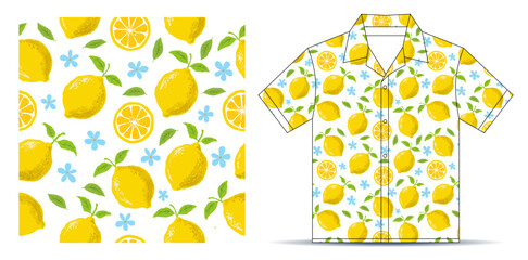 Seamless pattern featuring whole lemons, lemon slices, a white polo, and a T-shirt mockup template design. Vector Illustration.