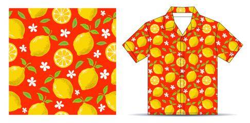 Seamless pattern featuring whole lemons, lemon slices, and orange polo, with a T-shirt mockup template design. Vector Illustration.