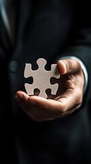 Puzzle Piece Held by Hand in Dark Suit Representing Problem Solving and Solutions