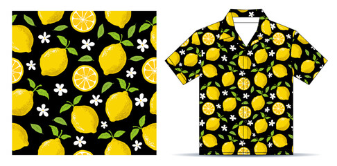Seamless pattern with whole lemons, lemon slices, black polo, and T-shirt mockup template design. Vector Illustration.