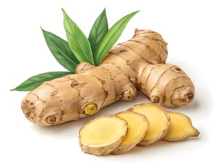 Fresh ginger root with slices and green leaves on white background