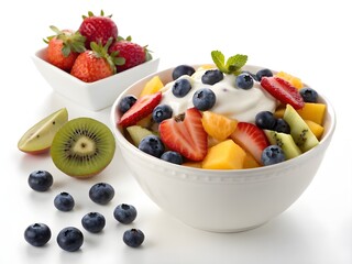 Fresh fruit salad with yogurt and berries on white background