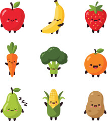 Cute Cartoon Fruits and Vegetables Characters