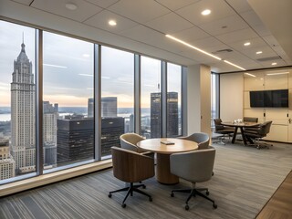 Modern office meeting space with panoramic city skyline view