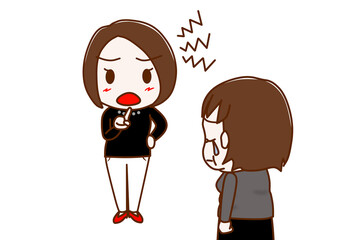 （複数）ガミガミと注意をする女性としょんぼりして涙を流す太った女性