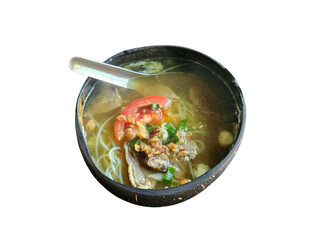 Hearty portion of traditional Indonesian beef soup, featuring steaming broth, tomato, and herbs in a dark ceramic bow. Isolated on white background, transparent PNG