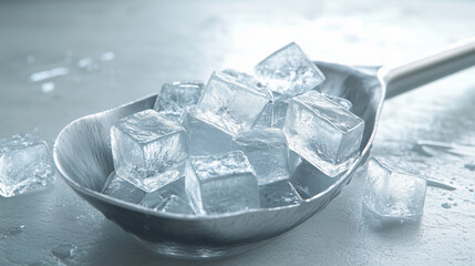 Macro of stainless steel scoop with ice cubes on metallic background.