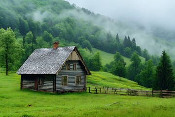Rustic Log Cabin Nestled in Lush Green Meadow with FogShrouded Mountain Backdrop