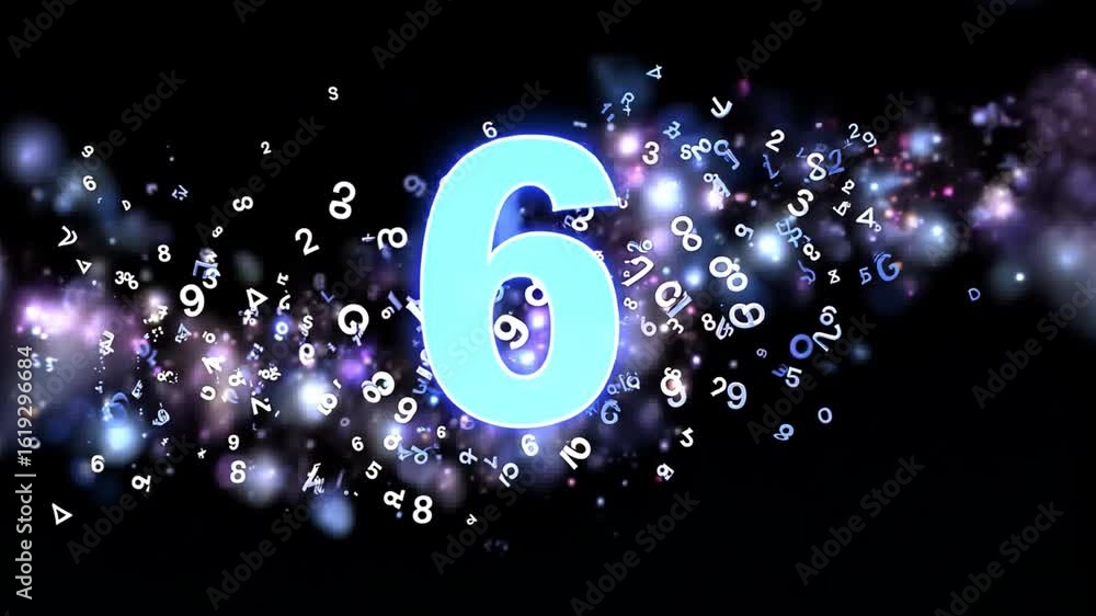 Aufkleber bright blue number six surrounded by swirl of glowing symbols and vibrant numbers, creating dynamic 