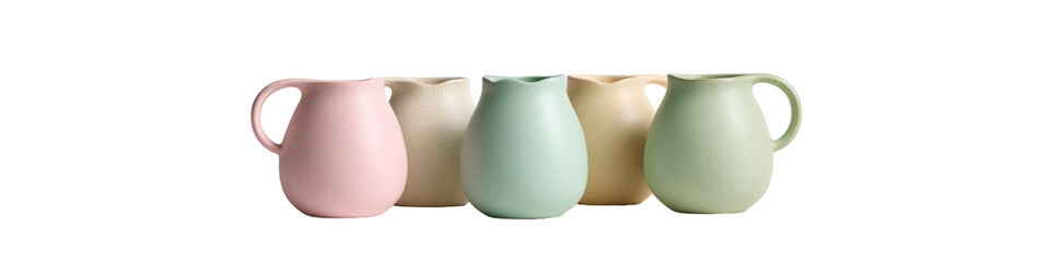 Four small, smooth, pastel-colored pitchers arranged in a row