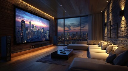 Cozy Living Room Featuring Modern Large Screen Television Against Stylish Wall with Warm Lighting