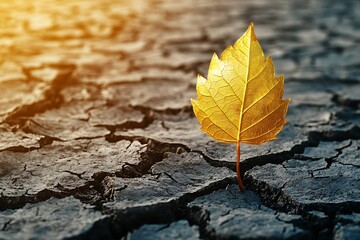 Single Golden Leaf Growing From Dry Cracked Earth Symbolizing Resilience and Hope