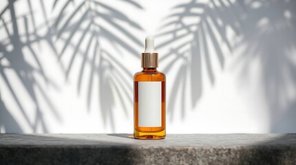 Realistic Cosmetic Dropper Bottle Mockup with Tropical Shadows for Beauty Product Branding and Skincare Advertisement Design