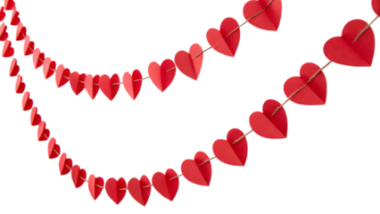 Hanging hearts garland with red 3D paper hearts — isolated on white background PNG. AI GENERATED.