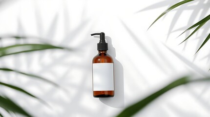 Realistic Cosmetic Dropper Bottle Mockup with Tropical Shadows for Beauty Product Branding and Skincare Advertisement Design