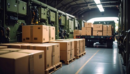Cardboard boxes on pallets inside a warehouse, near a military vehicle