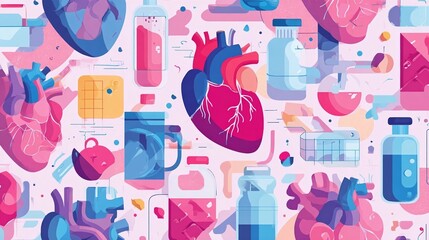 Intricate Seam Pattern Featuring Heart Shapes and Diverse Geometric Forms in Vibrant Colorful Design Style