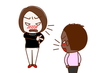 (複数)怒って指さして怒鳴る女性と怒りで対抗して言い合うアフリカ系少年