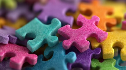 Fototapeta premium A variety of puzzle pieces in shades of blue, pink, purple, and green are scattered across a flat surface. The colorful arrangement invites creativity and playful engagement.