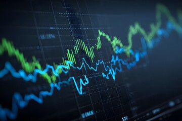 A green stock market graph with an upward trend on a dark background, symbolizing a rising composition
