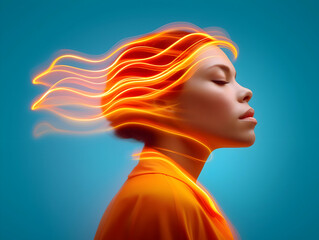 Woman profile, closed eyes, luminous orange hair streaks radiating against blue background, expressing serene energy and inner calm
