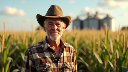 Experienced Farmer Proudly Standing in a Golden Cornfield at Sunset