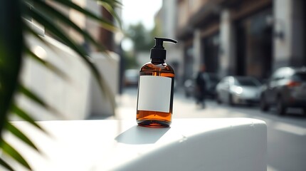 Realistic Cosmetic Dropper Bottle Mockup with Tropical Shadows for Beauty Product Branding and Skincare Advertisement Design
