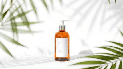 Realistic Cosmetic Dropper Bottle Mockup with Tropical Shadows for Beauty Product Branding and Skincare Advertisement Design