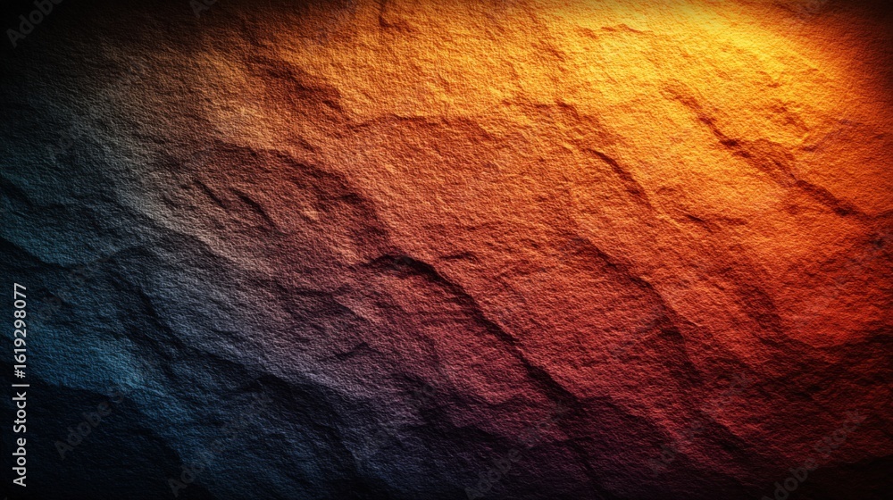 Poster Textured Rough Surface with Color Gradient from Dark Blue to Warm Orange and Red Tones for Background or Design Use