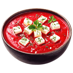 Red soup with white cheese cubes
