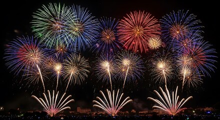 Spectacular fireworks display illuminating the night sky with vibrant colors