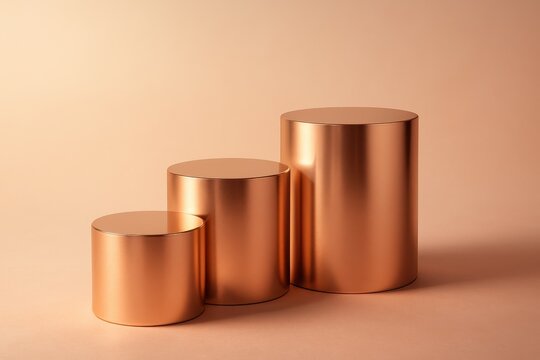 Rose gold display pedestals arranged in ascending heights with soft peachy ambient lighting