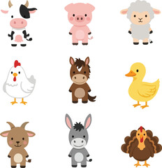 Cute Farm Animal Cartoon Vector Illustration Set