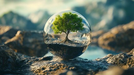 Solitary Tree Growing in Glass Sphere on Rocky Landscape, Environmental Concept