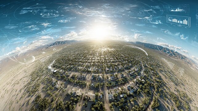 Wide landscape view of a suburban neighborhood with trees and houses under a futuristic digital interface sky at sunrise