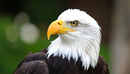Obraz premium Close-up of a bald eagle's head and shoulders, set against a blurred green background