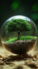 Solitary Tree in Glass Sphere on Earth Environmental Conservation and Protection Concept