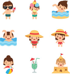 Summer Fun Icons: Cheerful Children's Vacation Set