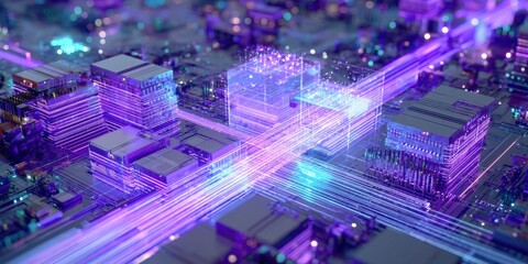 Obraz premium Highly Detailed Neon-lit Circuit Board with Futuristic Data Network Visualization in Bright Purple and Blue Colors for Technology and Digital Concept Display