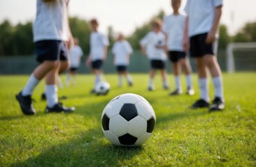 Fototapeta premium Young Soccer Players in White on Grassy Field with Black & White Ball Under Sunny Skies