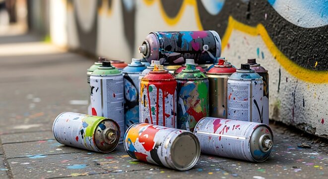 Used colorful spray paint cans scattered near graffiti wall showcase street art