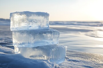 Stacked Ice Blocks on Frozen Shoreline Winter Landscape with Clear Textured Ice