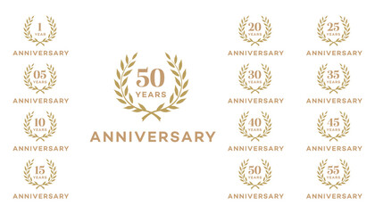 Anniversary Logos  Gold Laurel Wreath Design Set 1, 5, 10, 15, 20, 25, 30, 35, 40, 45, 50, 55 Years