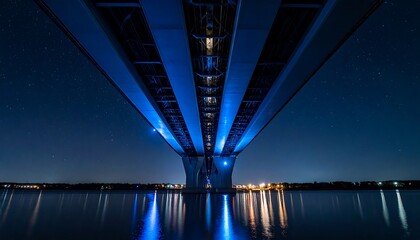 Majestic bridge illuminated in blue lights reflecting on the calm river at night
