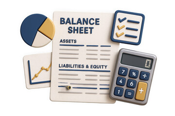 A modern, 3D illustration of a balance sheet concept with a calculator and charts, representing finance and accounting.