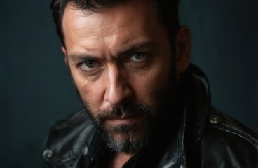 Fototapeta premium Intensely focused middleaged man with dark hair and beard in dramatic lighting, wearing black leather jacket, closeup portrait.