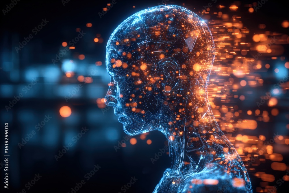 Poster futuristic digital human head representing artificial ligence technology virtual data stream and glo