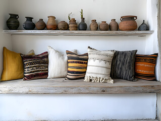 Earthy cushions nestled on weathered wooden shelving, complemented by ceramic pottery, creating cozy bohemian interior styling with warm neutral palette