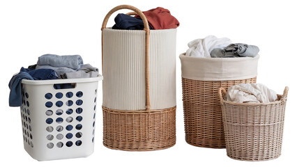 Laundry baskets and hampers for organizing clothes and home organization png isolated on white background